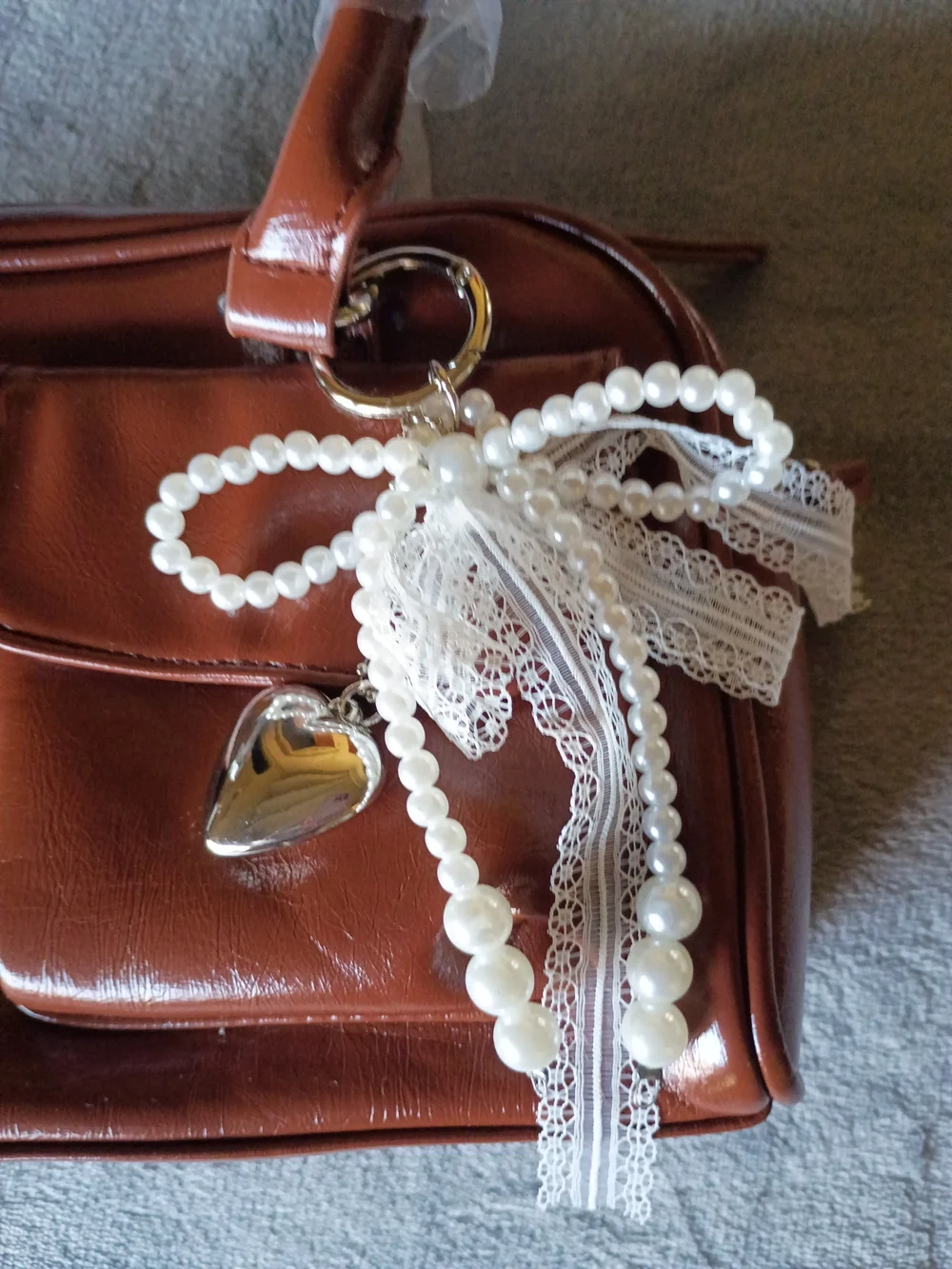 Brown Retro PU Leather Bow Pearl Shoulder Bag Purse NWT